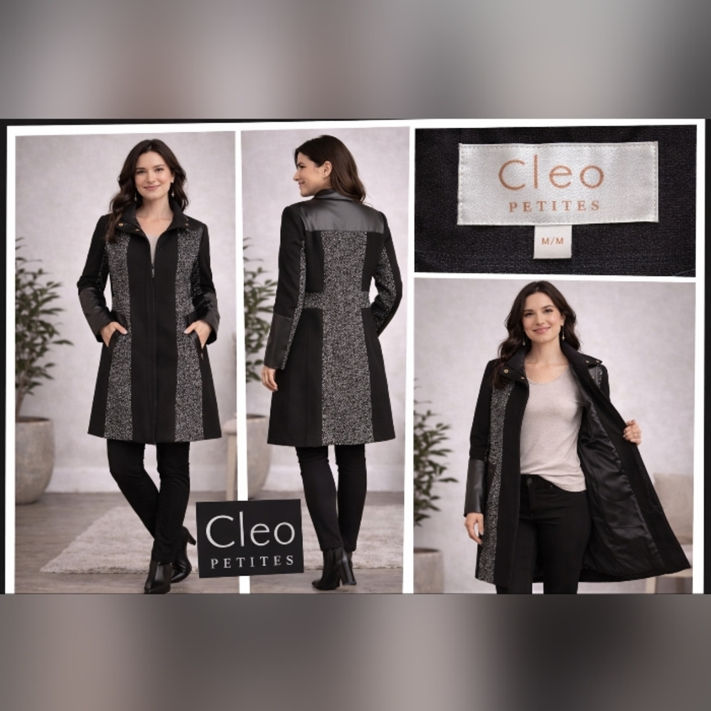 cleo Black Trench Coat with Gray Tweed Panels